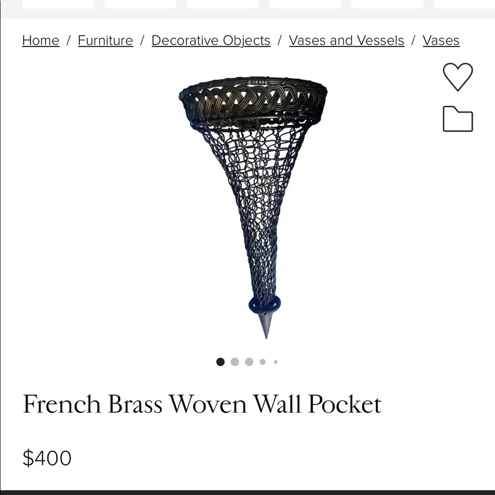 Antique French Brass Woven Chainmail-Style Wall Pocket Hanging Vase